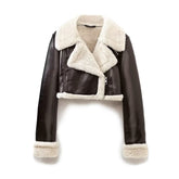 Retro High Waist Kurze Lederjacke Top Fleece gefüttert Verdickter Nischen Langarmmantel